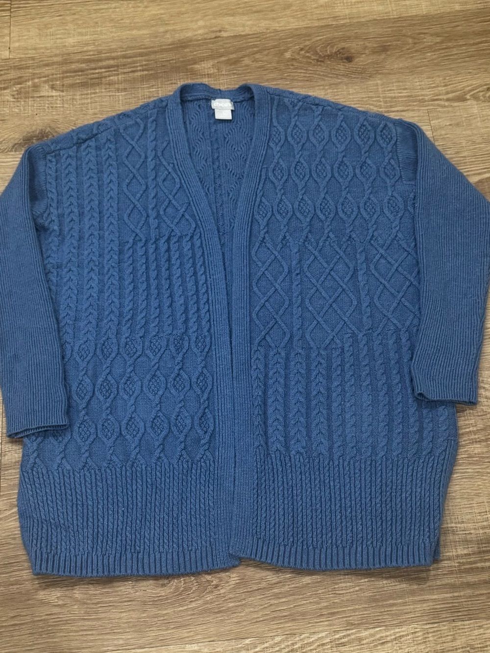 Chico’s Blue Cable Knit Cardigan Sweater 2 US Large Wool Cashmere Blend